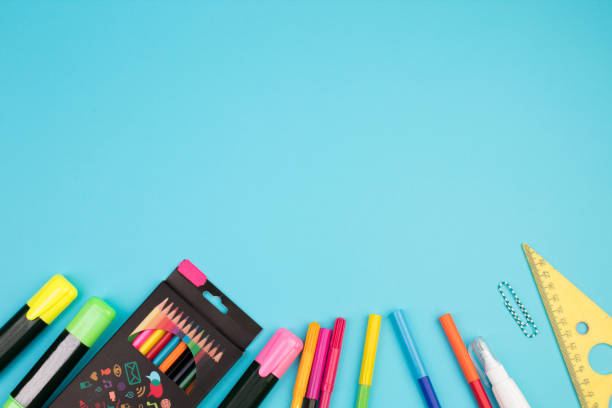 istock Back to school. Stationery on a blue table. Office desk with copy space. Flat lay. 2060969239