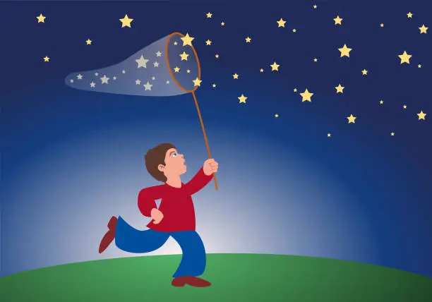 Vector illustration of A child dreams of catching stars with a net.