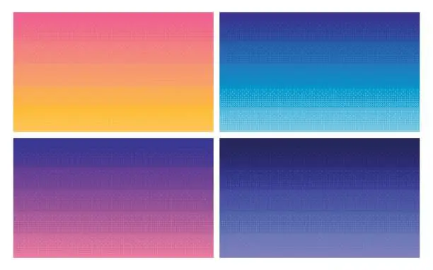 Vector illustration of Pixel times of day sky. Gradient background. Retro video games 8bit pixel night background. Graphic computer texture noon, night, morning and evening. Halftone vector texture