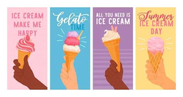 Vector illustration of Hands hold ice cream. Cartoon different hand holding wafer cone. Card with arms with colorful gelato and freeze dessert. Summer mood poster. Vector set