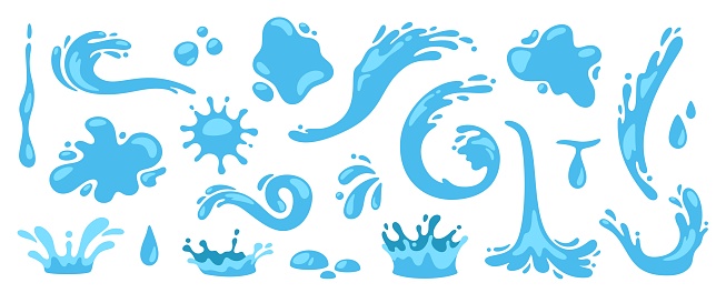 Water splash. Cartoon blue water drops, puddle, spray and waves. Nature object spatters, sputter, splashdown. Clean aqua motion concept. Vector set. Clear droplets, isolated swirls