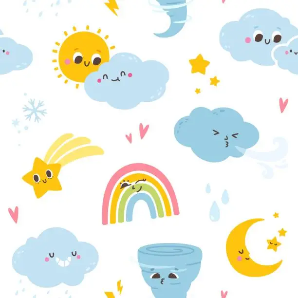 Vector illustration of Seamless pattern cloud and sun. Background cartoon weather characters. Wallpaper with cute sunny cloudy sky, texture meteorology signs. Vector print