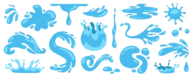 Cartoon blue water. Falling drops, tears and splashes. Liquid puddles, floating plop, aqua splat, different water shapes isolated on white background. Vector collection. Pure flowing liquid