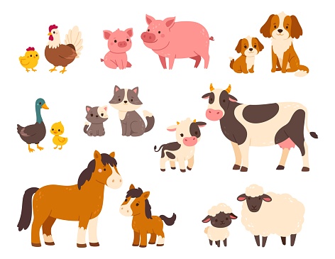 Farm animals with their baby. Cartoon pet animal family. Mothers and kids. Domestic parents and children. Mom pig with piglet, cute cow and calf. Vector set. Adorable countryside characters