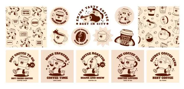 Vector illustration of Retro coffee character. Cartoon bar and cafe drinks. Abstract funny espresso sticker, poster with 70s cappuccino cup, trendy seamless pattern with coffee beans. Vector set