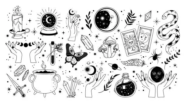 Vector illustration of Astrology esoteric symbols. Mystic witch elements, magic doodles, space sticker, galaxy sign. Astrology horoscope symbol. Magic ball, moth, planet, hand vector concept