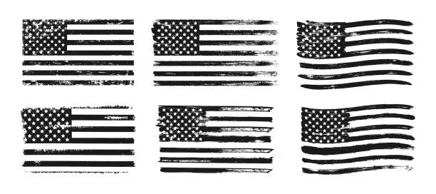 Textured USA flag. Grunge decorative American flag monochrome color. Black and white stripes and stars flag banners for t-shirts print isolated on white background. Vector collection Textured USA flag. Grunge decorative American flag monochrome color. Black and white stripes and stars flag banners for t-shirts print isolated on white background. Vector collection