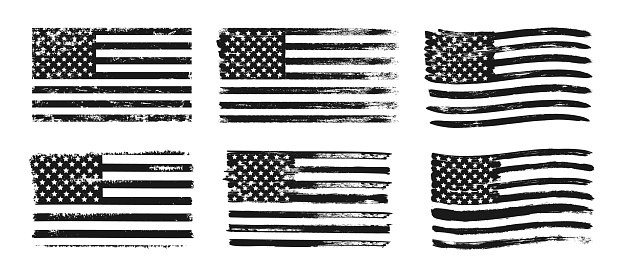 Textured USA flag. Grunge decorative American flag monochrome color. Black and white stripes and stars flag banners for t-shirts print isolated on white background. Vector collection. Freedom, glory