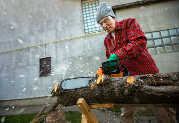 Close-up of a muscular man using a chainsaw to cut a thick log, with sawdust and wood chips flying in all directions. He is wearing a black T-shirt, white gloves, and clear safety goggles for protection. The scene takes place in a covered outdoor area with concrete block walls and stacked firewood in the background. The image provides copy space on the left side.