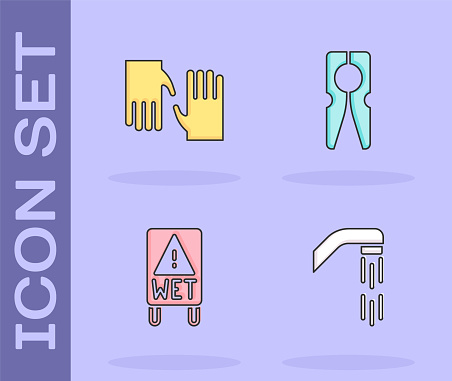 Set Shower head, Rubber gloves, Wet floor and Clothes pin icon. Vector.