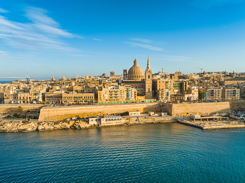 Valletta city, drone view, sunset. Malta