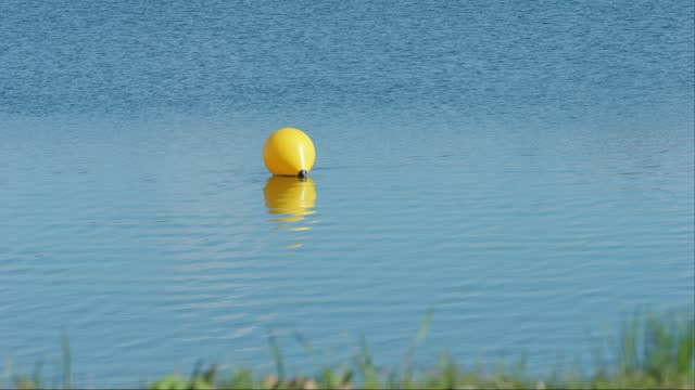 Yellow buoy floating on a calm lake with a grass in the out of focus foreground, Jarun Lake, Zagreb, Croatia