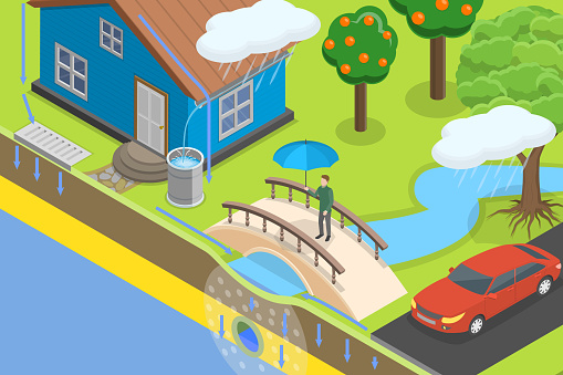 3D Isometric Flat Vector Conceptual Illustration of Stormwater Harvesting, Green Storm Water Infrastructure