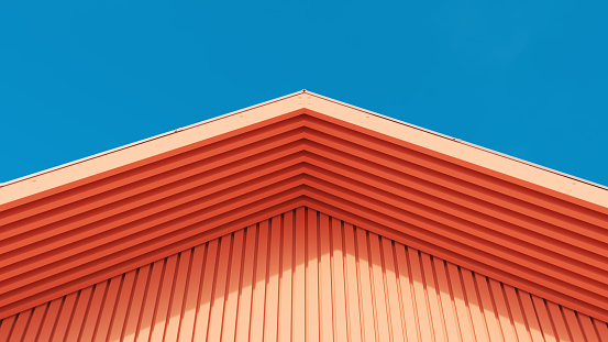 Architecture peach exterior wooden slats design lifestyle blue sky sunlight abstract minimalist living 3d illustration render digital rendering