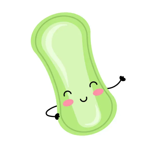 Vector illustration of Daily sanitary pad. Women's intimate hygiene item. Happy kawaii character.