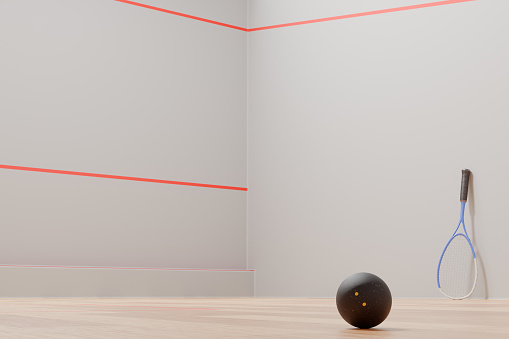 Squash ball close-up, racket against the wall in the sports court room. 3D rendering