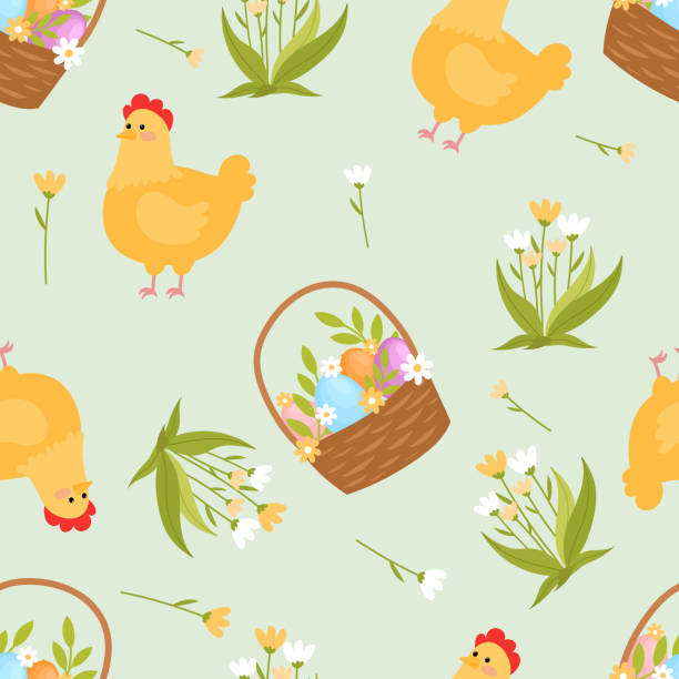 ilustrações, clipart, desenhos animados e ícones de páscoa padrão sem costura com ilustração vetorial dos desenhos animados das flores - baby chicken easter young bird banner