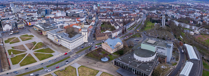 Aerial view of downtown Kassel in Hessen on a cloudy day in spring