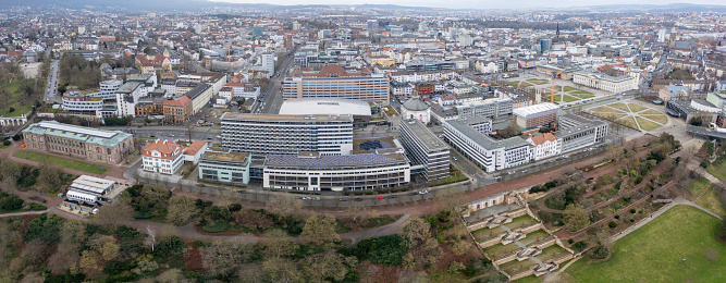 Aerial view of downtown Kassel in Hessen on a cloudy day in spring