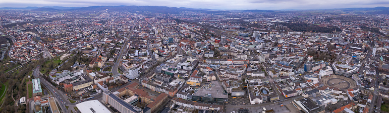 Aerial view of downtown Kassel in Hessen on a cloudy day in spring