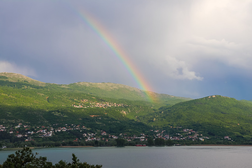 Beautiful rainbow over Lake Ohrid in Ohrid, North Macedonia