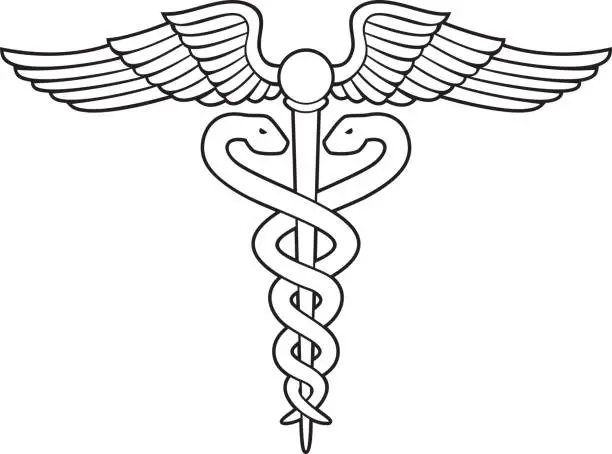 Vector illustration of Medical Symbol - Caduceus Snake with Stick and Wings. Rod of Asclepius. Emblem for Drugstore. Pharmacy Icon.