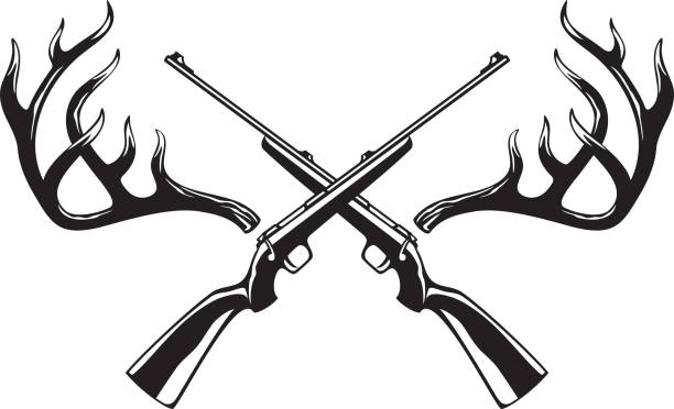 Deer Antlers with Crossed Rifles Black and White. Deer Antlers with Crossed Rifles Black and White. Vector Illustration. silhouette of a elk antler tattoo stock illustrations