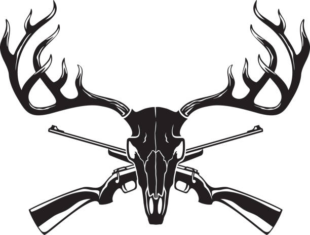 Deer Skull with Crossed Rifles Black and White. Deer Skull with Crossed Rifles Black and White. Vector Illustration. silhouette of a elk antler tattoo stock illustrations