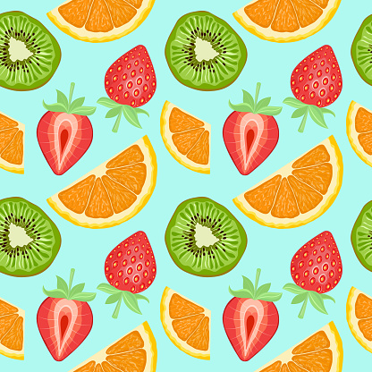 Seamless fruit pattern. Background with fresh slices of green kiwi, red strawberry and orange. Colorful vector illustration on a blue background.