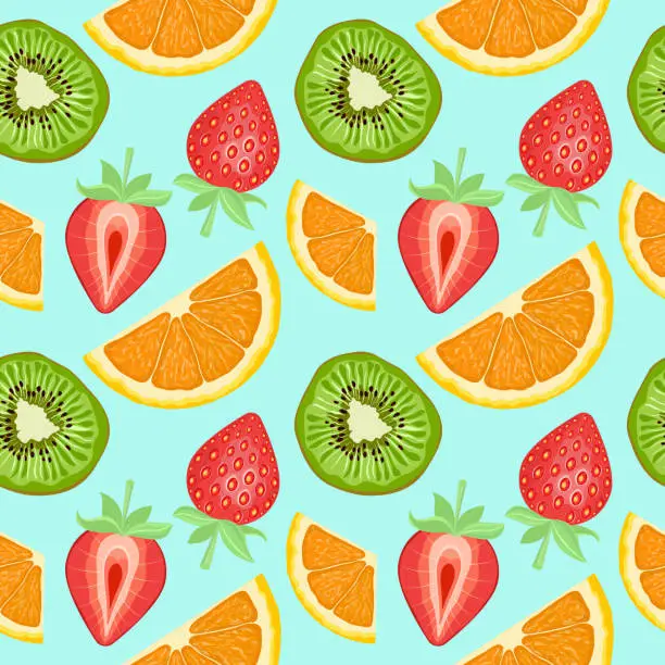 Vector illustration of Seamless fruit pattern. Background with fresh slices of green kiwi, red strawberry and orange.