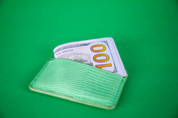 Stylish green leather purse with dollar banknote on green background