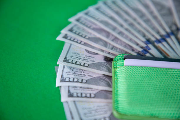 Stylish green leather purse with dollar banknote on green background