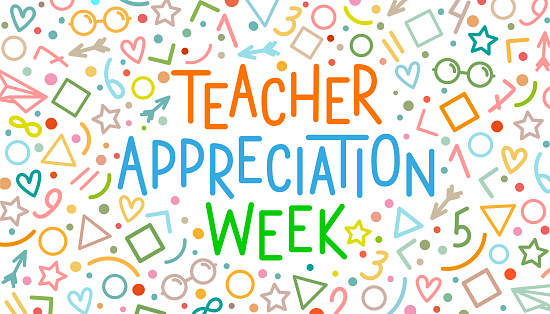 Teacher Appreciation Week school banner. Multicolored text in line art style on a white background.