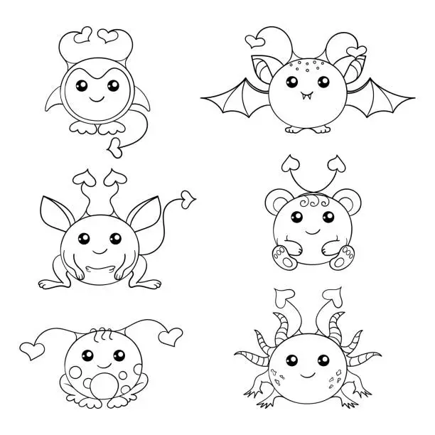 Vector illustration of Six round funny monsters with heart-shaped horns. Cartoon fantasy animals. Black and white aliens for coloring. Hand drawn flat non-existent animals.