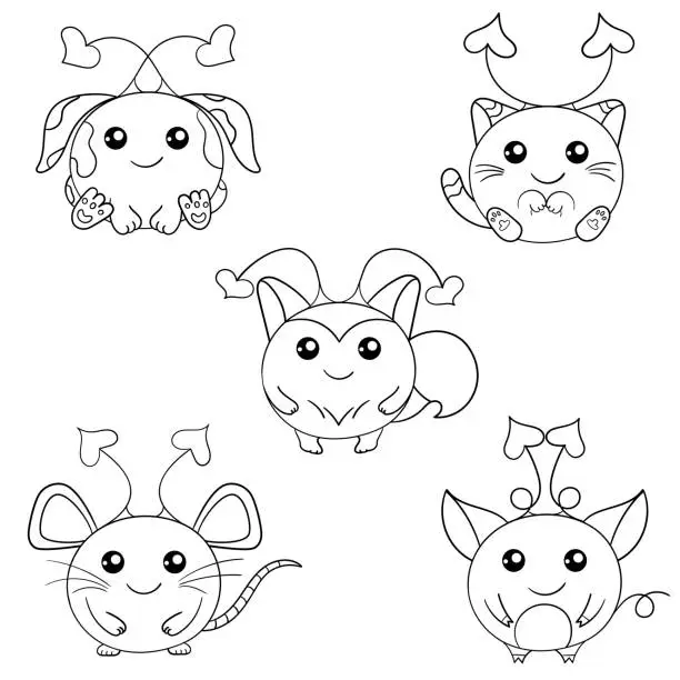 Vector illustration of Set of five black and white monsters. Round dog, cat, fox, rat, piglet with heart-shaped horns. Flat style illustration for colouring