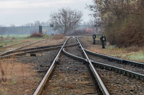 Railroad junction with a level crossing near a small town