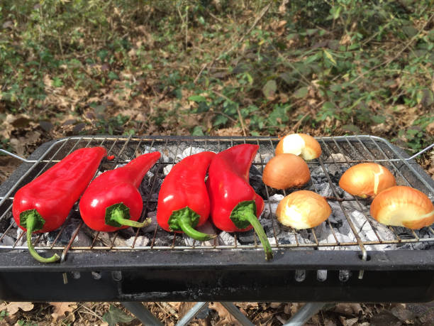 Red peppers and onions on barbecue grill at garden