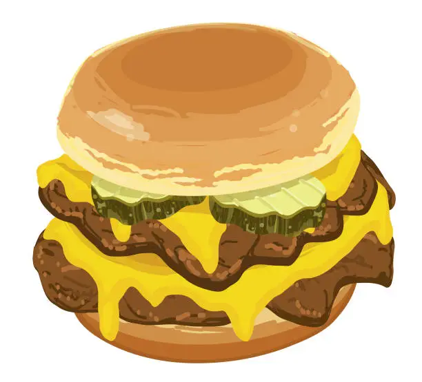 Vector illustration of Smash Burger with pickles and cheese on a white background