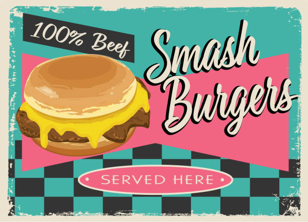 Vector illustration of a Smash Burgers retro vintage Diner sign design concept in bright colors. Lot's of texture. Use for Restaurant or Diner. Fully editable vector eps and high resolution jpg in download. Royalty free design.
