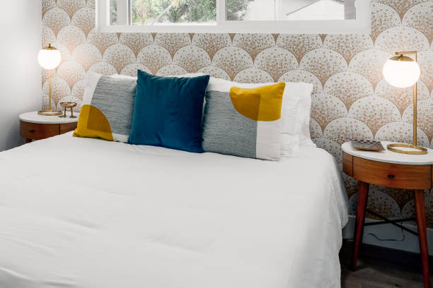 istock Modern bedroom with scale mosaic tile wallpaper 2061170274