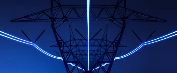 istock High voltage electric transmission tower with glowing current line, electrical power transmit through wire to city and house at night, Renewable green energy grid infrastructure concept 3d rendering 2061178596