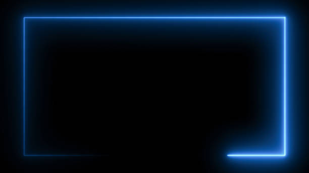 istock Abstract blue neon glowing line frame, animated moving led light screen box projection 3d rendering, empty space border presentation design background, futuristic cyberspace laser sprectrum backdrop 2061179116