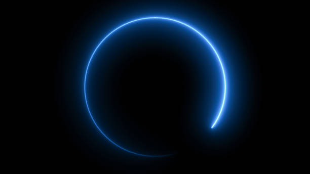 istock Abstract blue neon glowing circle frame, animated moving led light screen ring projection 3d rendering, empty space border presentation design background, futuristic laser line sprectrum backdrop 2061179118