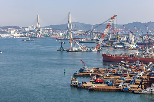 busan, south korea - november 1, 2023: huge industrial harbor in busan city, south korea.