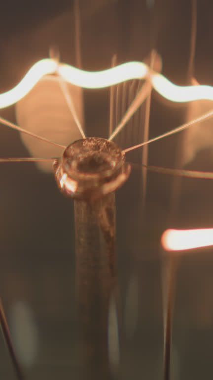 Extreme close-up wires inside light bulb lighting up with bright light and turning off