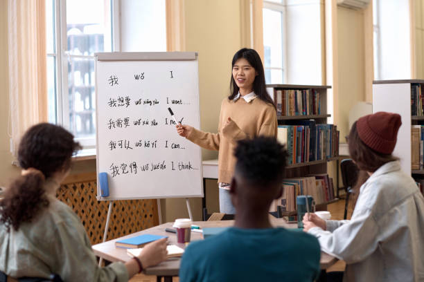 istock Young Asian Woman Teaching Chinese Pointing at Hieroglyphs 2061200130