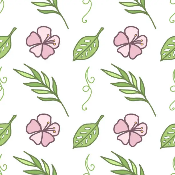 Vector illustration of Tropical plants seamless pattern. Leaves and flowers. Hand drawn doodles isolated on white background. Colored vector design in cartoon style for fabric, scrapbooking or packaging.
