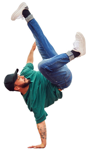 breakdancer guy performing inverted freeze technique isolated on white background