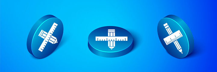 Isometric Crossed ruler and pencil icon isolated on blue background. Straightedge symbol. Drawing and educational tools. Blue circle button. Vector.