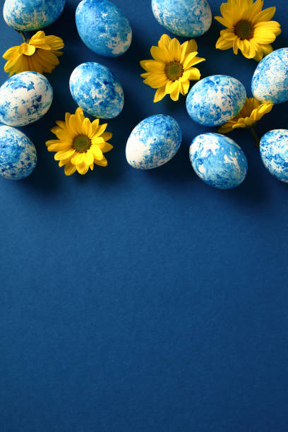 istock Happy Easter greeting card. Colorful Easter eggs with yellow flowers on dark blue background. Flat lay, vertical, top view. 2061239506